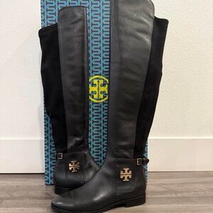 Tory Burch Black Leather and Suede Tall Riding Boots with Gold Logo